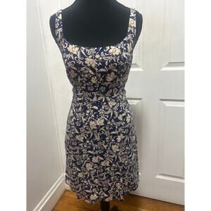 Old Navy Blue Tan Floral Fit Flare Structured Stretch Smocked Back Dress Medium